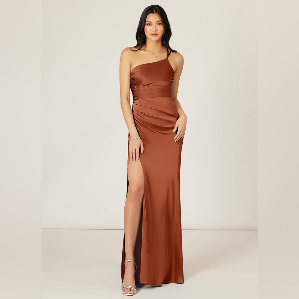 Azazie Eren Mermaid One Shoulder Stretch Satin Floor-Length Dress, Cedar Rose